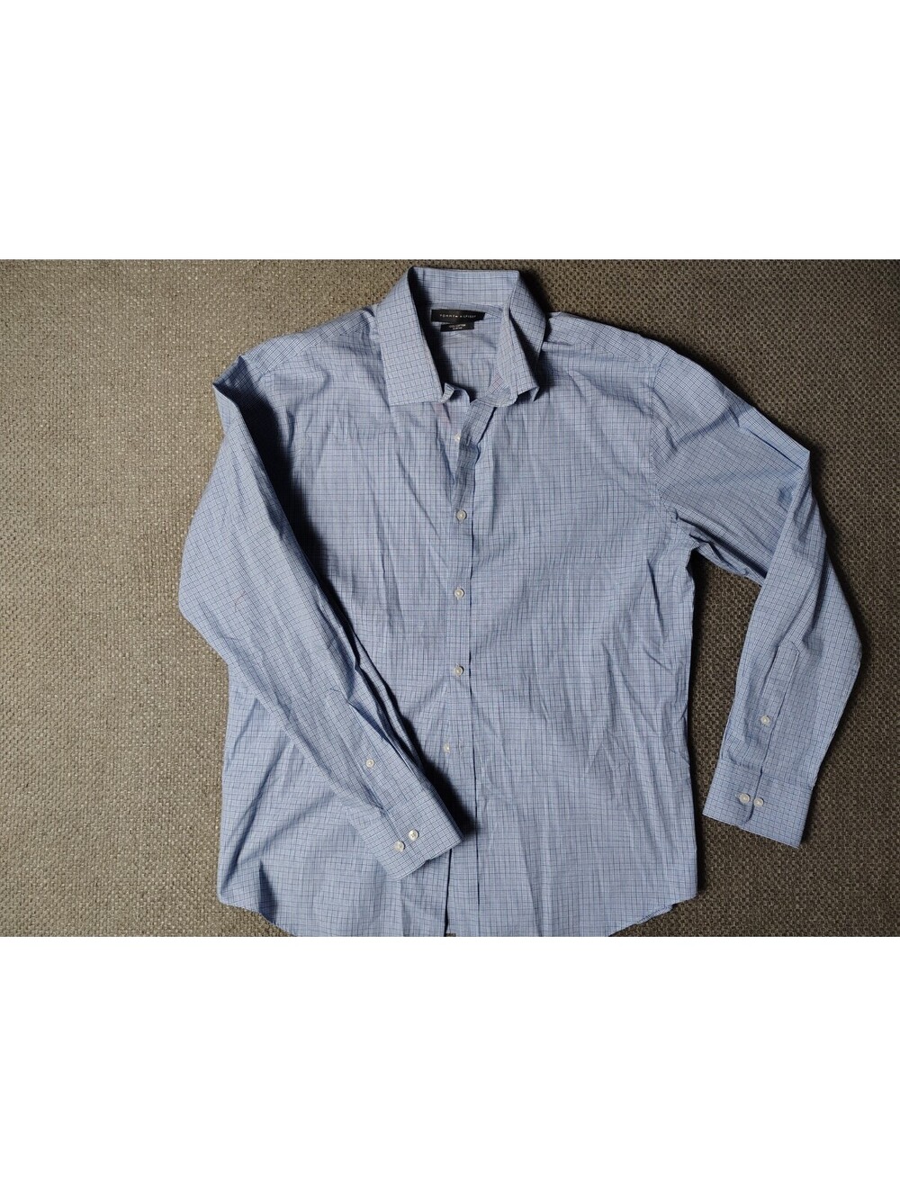 Tommy Hilfiger Men 17 34/35 XL Blue Plaid Slim Fit Dress Shirt Long Sleeve